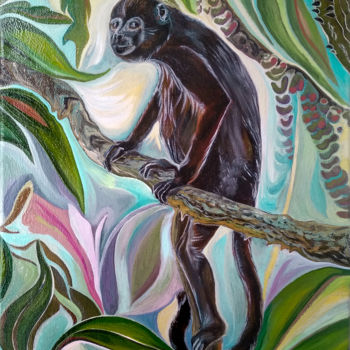 Schilderij getiteld "Jungle view" door Viola Larkina, Origineel Kunstwerk, Olie Gemonteerd op Frame voor houten brancard