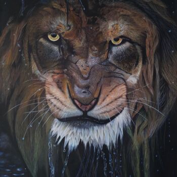 Schilderij getiteld "Lion" door Vívian Lima, Origineel Kunstwerk, Olie Gemonteerd op Frame voor houten brancard