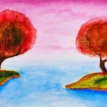 Pintura intitulada "Two flowering trees…" por Anton Vivchar, Obras de arte originais, Aquarela