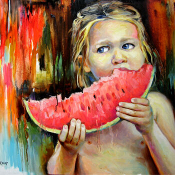 Malerei mit dem Titel "baby with watermelon" von Vladimir Lutsevich, Original-Kunstwerk, Öl