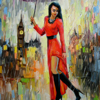 Schilderij getiteld "Walking in the rain" door Vladimir Lutsevich, Origineel Kunstwerk, Olie