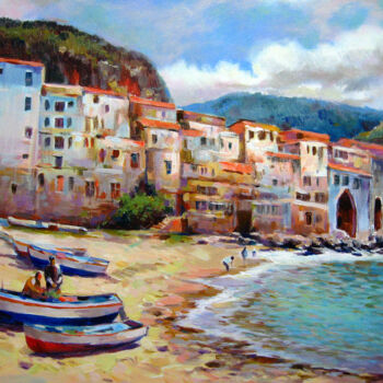 Pintura intitulada "City by the sea" por Vladimir Lutsevich, Obras de arte originais, Acrílico