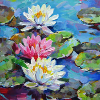 Schilderij getiteld "Water lilies on the…" door Vladimir Lutsevich, Origineel Kunstwerk, Acryl