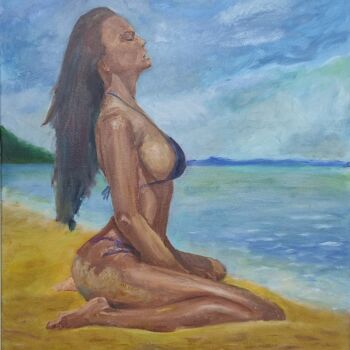绘画 标题为“girl on the beach” 由Владислав Гузеев, 原创艺术品, 油 安装在木质担架架上
