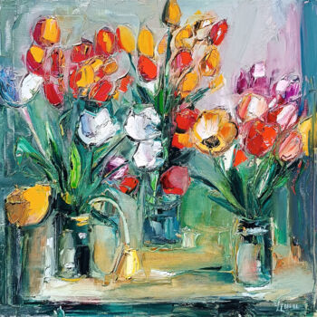 Peinture intitulée "Vibrant Tulip Medley" par Vlas Ayvazyan, Œuvre d'art originale, Huile Monté sur Châssis en bois