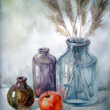 Pittura intitolato "Червоне яблуко" da Volodimir Kudlai, Opera d'arte originale, Acquarello