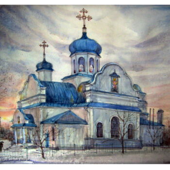 Painting titled "Храм Покрова Пресвя…" by Volodimir Kudlai, Original Artwork, Watercolor