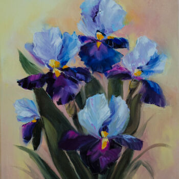 Pintura intitulada "Blue IRISES, oil pa…" por Elena Vybiranets, Obras de arte originais, Óleo Montado em Armação em madeira