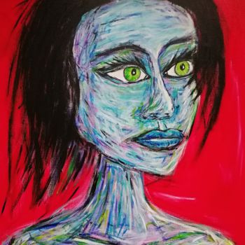 Painting titled "Portrait Woman Blue" by Wabyanko, Original Artwork, Acrylic Mounted on Wood Stretcher frame