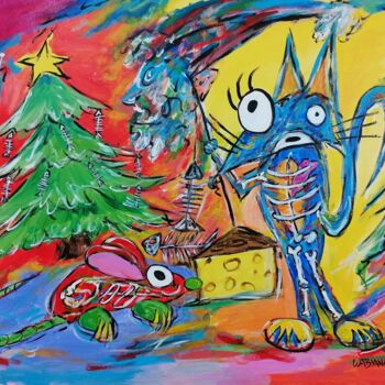 Painting titled "Christmas cat" by Wabyanko, Original Artwork, Acrylic Mounted on Wood Stretcher frame