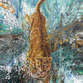 Painting titled "Crouching Jaguar" by Wladimir Lewtschenko, Original Artwork, Oil
