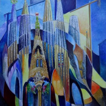 Painting titled "devant la sagrada" by Martine Woellet, Original Artwork, Oil