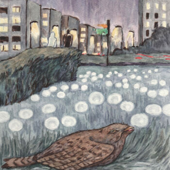 Schilderij getiteld "Nightjar in the city" door Yuliya Kachan, Origineel Kunstwerk, Aquarel