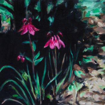 Painting titled "Aquilegia" by Yuliya Kachan, Original Artwork, Oil Mounted on Wood Stretcher frame