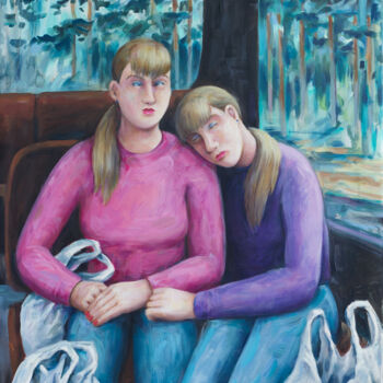 Schilderij getiteld "Shopping day" door Yuliya Kachan, Origineel Kunstwerk, Olie Gemonteerd op Frame voor houten brancard