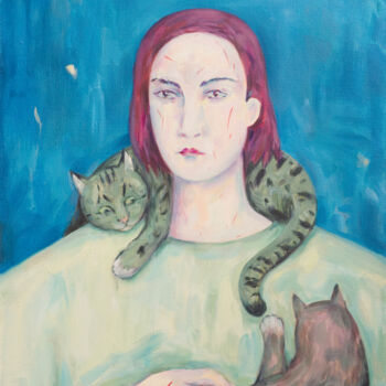 Malerei mit dem Titel "Cat lover" von Yuliya Kachan, Original-Kunstwerk, Öl Auf Keilrahmen aus Holz montiert