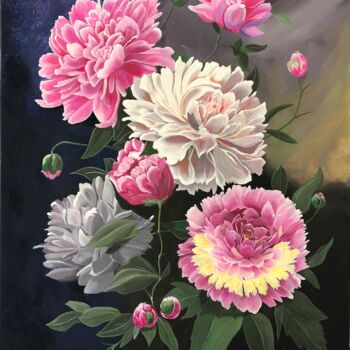 Painting titled "Peonie" by Yana Shcherban, Original Artwork, Acrylic Mounted on Wood Stretcher frame