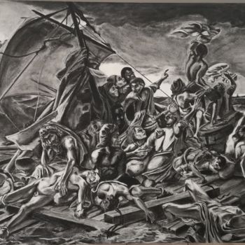 Drawing titled "Le radeau au Fusain" by Yann Comtat, Original Artwork, Charcoal Mounted on Wood Panel