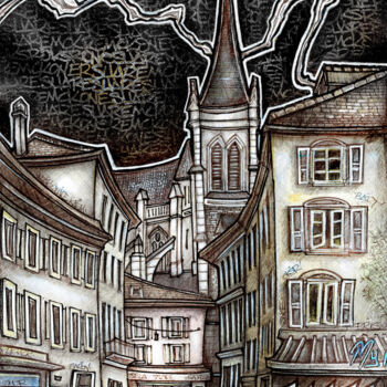 Disegno intitolato "Rue de l'Hôtel de v…" da Yannick Touanen, Opera d'arte originale, Inchiostro