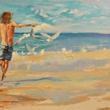 Painting titled "Boy and seagulls" by Nataliya Yatel, Original Artwork, Oil