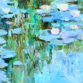 Painting titled "Water lilies painti…" by Yehor Dulin, Original Artwork, Oil Mounted on Wood Stretcher frame