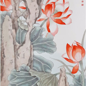 Dessin intitulée "Lotus and two lovel…" par Ching, Œuvre d'art originale, Encre