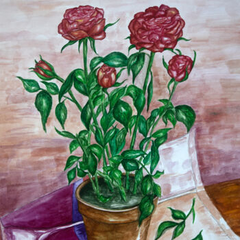 Malerei mit dem Titel "Potted roses" von Yuliia Kovalska, Original-Kunstwerk, Aquarell