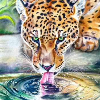 Malarstwo zatytułowany „Portrait of jaguar…” autorstwa Yuliya Ozdemir, Oryginalna praca, Akwarela