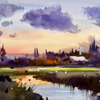 Painting titled "Sunset fields" by Yuliya Ozdemir, Original Artwork, Watercolor