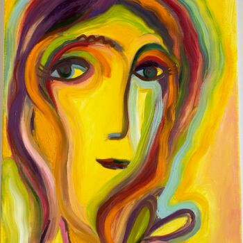 Painting titled "Yellow Girl." by Yuliya Pochynok (JJ Julia), Original Artwork, Oil Mounted on Wood Stretcher frame