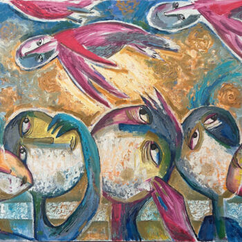 Pittura intitolato "Angel-Birds." da Yuliya Pochynok (JJ Julia), Opera d'arte originale, Olio Montato su Telaio per barella…