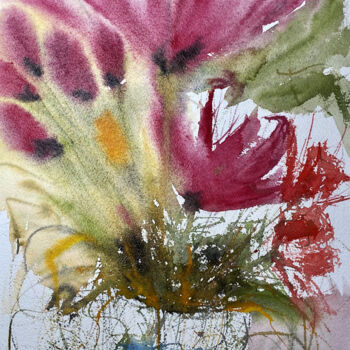 Painting titled "My flowers" by Yūrei, Original Artwork, Watercolor
