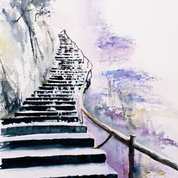 Pittura intitolato "***Stairway***" da Yuriy Kraft, Opera d'arte originale, Acquarello