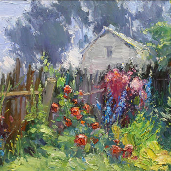 Painting titled "Near the fence" by Yuriy Demiyanov, Original Artwork, Oil Mounted on Wood Stretcher frame