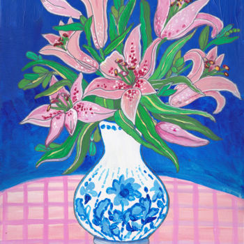Pittura intitolato ""Pink Lilies"" da Alexandra Dobreikin, Opera d'arte originale, Acrilico Montato su Telaio per barella in…