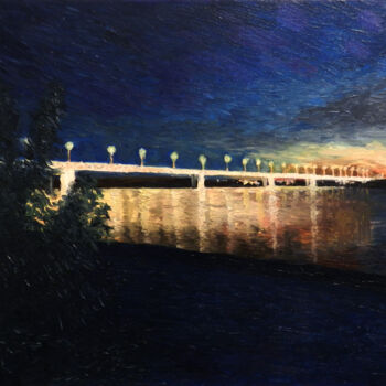 绘画 标题为“Night bridge in Niz…” 由Yury Smirnov, 原创艺术品, 油 安装在木质担架架上