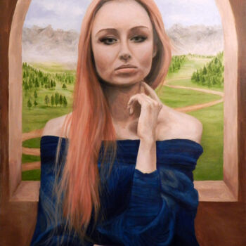 Painting titled "Girl in blue blouse" by Yury Smirnov, Original Artwork, Oil Mounted on Wood Stretcher frame