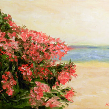 Painting titled "Flowers and sea" by Yury Smirnov, Original Artwork, Oil