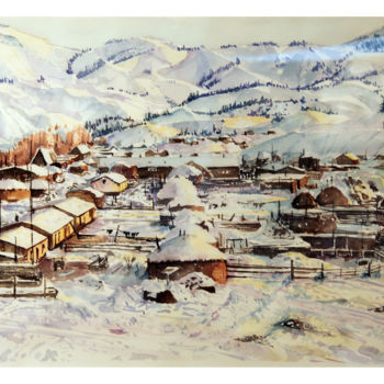 Painting titled "雪乡 snow home" by Yu Tian, Original Artwork, Watercolor