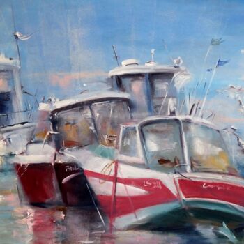 Painting titled "Bateaux et goélands" by Yveline Javer, Original Artwork, Oil