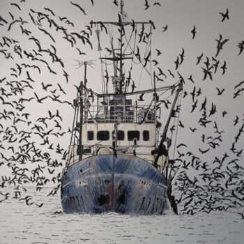 Drawing titled "retour de pêche" by Yves Briais, Original Artwork, Pencil