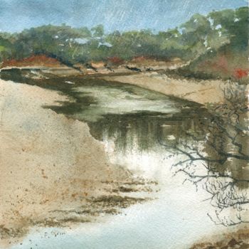 Painting titled "La rivière sans nom" by Yves Varlet, Original Artwork, Watercolor