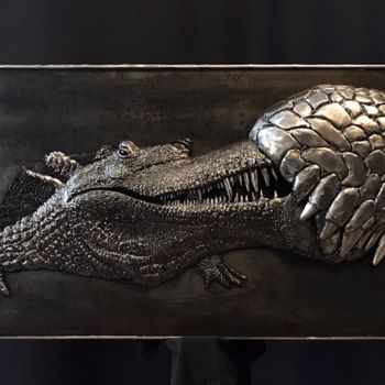 Skulptur mit dem Titel "Sarcosuchus" von Evgen Zaborovsky, Original-Kunstwerk, Metalle