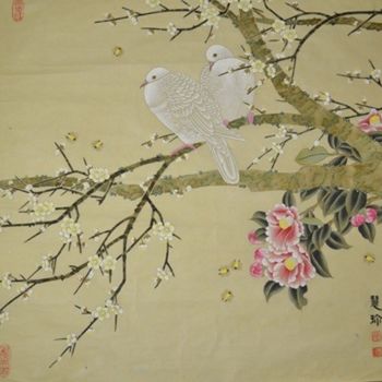 Malerei mit dem Titel "double birds II 双鸟2" von Huizhen Zhang Zhang Hui Zhen, Original-Kunstwerk, Pigmente