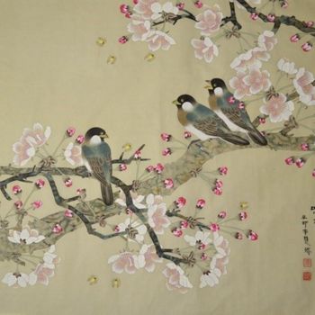 绘画 标题为“Tweeting spring 鸣春” 由Huizhen Zhang 张慧珍, 原创艺术品, 颜料