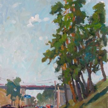 Pintura titulada "Pines at road" por Juliya Zhukova, Obra de arte original, Oleo