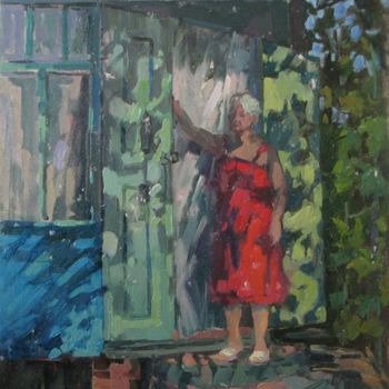 Schilderij getiteld "On a porch" door Juliya Zhukova, Origineel Kunstwerk, Olie