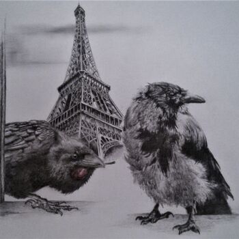 Drawing titled "В Париже и вороны у…" by Evgenii Zibert, Original Artwork, Pencil