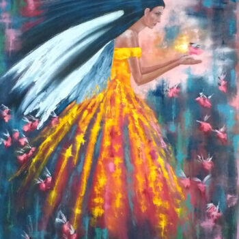 Painting titled "Angel wings." by Zina Vysota, Original Artwork, Oil Mounted on Wood Stretcher frame