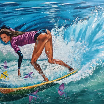 Painting titled "Surfer-Woman and Se…" by Zina Vysota, Original Artwork, Oil Mounted on Wood Stretcher frame
